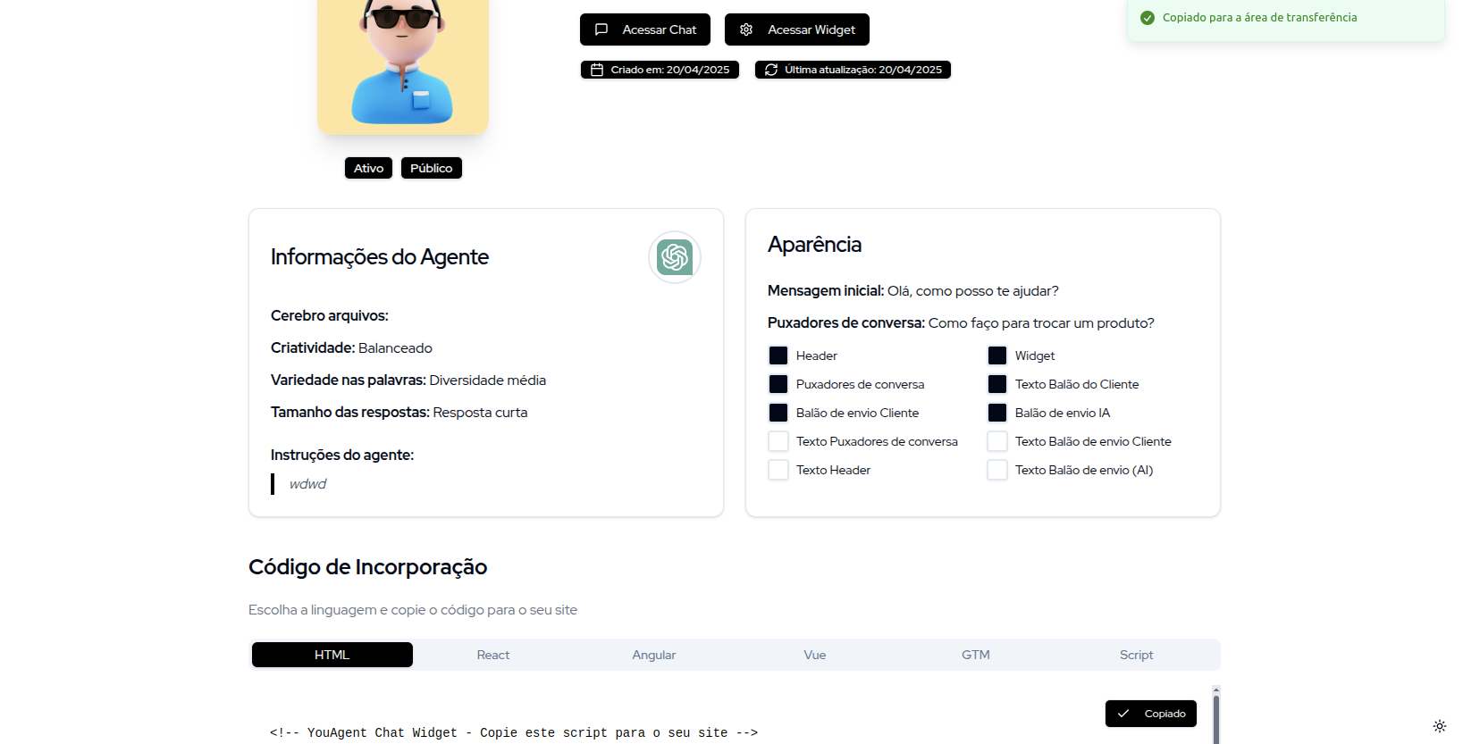 Detalhes do Chatbot YouAgent